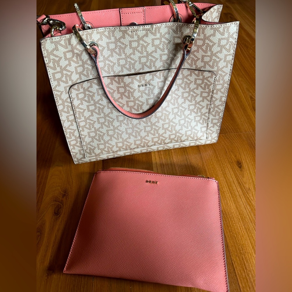 DKNYC Pink and Cream Monogram Tote with Pink Pouch